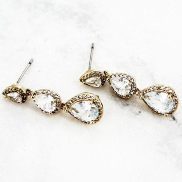 Cubic Zirconia Crystal Teardrop CZ Gold Earrings - Picture 2 of 4